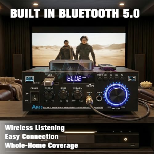 KG AK45 Home Audio Amplifier Receiver — Dual-Channel (Max 300W×2 / RMS 20Wx 2) Stereo Amplifier, Bluetooth 5.0 Speaker Amp, Supports FM Radio/USB/SD Card Playback, Includes Remote Control - size: 600W 2-Channel