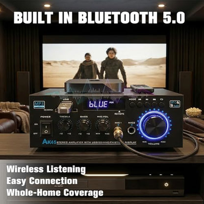 KG AK45 Home Audio Amplifier Receiver — Dual-Channel (Max 300W×2 / RMS 20Wx 2) Stereo Amplifier, Bluetooth 5.0 Speaker Amp, Supports FM Radio/USB/SD Card Playback, Includes Remote Control - size: 600W 2-Channel