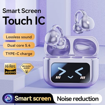 Open Ear Clip Headphones Wireless Earbuds Bluetooth 5.4 Sports Earphones with Wireless LED Touch Screen Waterproof in Ear Earphones for Pad Tablet Laptop Android/iOS Phones (Purple) - color: Purple