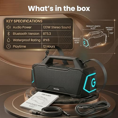 GEARit 120W Boombox Bluetooth Speaker, Loud Party Karaoke Speaker, IPX6 | 120W party boombox with power bank, RGB lights, karaoke mic, TWS stereo, 12H battery, AUX/USB/SD - size: BoomBox - 120W
