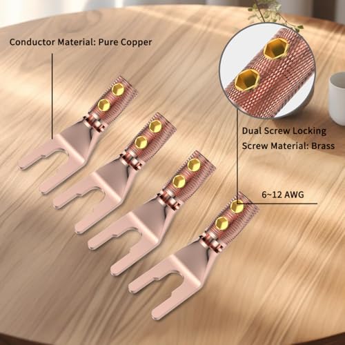4PCS Spade Connector,45 Degree Pure Copper Audio Fork Y Spade Plug DIY with Heat Shrink Tubing and Hex Wrench,Dual Screw Locking Speaker Cable Plug for Speaker Cables (Knurled) - color: Pure Copper Knurled Style