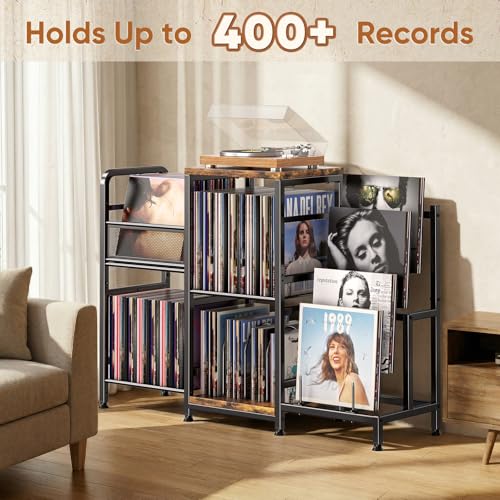 POKIPO Large Record Player Stand, Vinyl Record Storage Holds up to 400+ Albums, 3 Tier Turntable Stand with Display Shelf, 3-in-1 Multifunctional Record Player Cabinet Media Console Table for Stereo