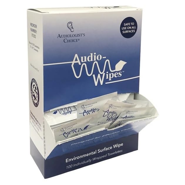 Audiologist's Choice Audio Wipes | 100 Individually Wrapped Towelettes | Alcohol-Free | Cleans, Removes Earwax & Sweat from Hearing Aids, Earmold, Airpods, Earbuds, in-Ear Monitors (IEMs)