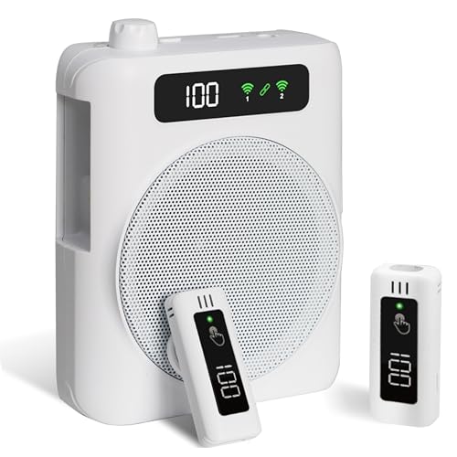 Voice Amplifier for Teachers with 2 Lavalier Wireless Microphones | Clip On Microphone with Speaker, Wireless Voice Amplifier Bluetooth Speaker and Microphone Set for Yoga Tour Guides Coaches - color: White