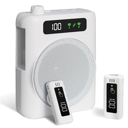 Voice Amplifier for Teachers with 2 Lavalier Wireless Microphones | Clip On Microphone with Speaker, Wireless Voice Amplifier Bluetooth Speaker and Microphone Set for Yoga Tour Guides Coaches - color: White