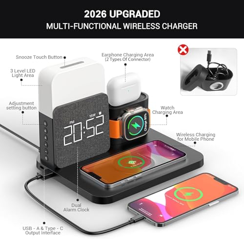7 in 1 Charging Station for iPhone, Wireless Charging Station, Alarm Clock, Night Light, Wireless Charger for iPhone 17 16 15 14 13 12 Pro Max & Apple Watch - Charging Stand Dock for AirPods(Black) - color: Black
