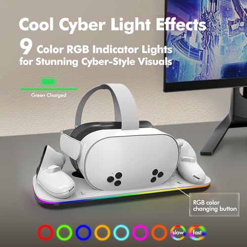Charging Dock Compatible with Meta Quest 3/3S, Magnetic Fast Charging | Closable 9 RGB Modes, 2 Rechargeable Batteries, With USB-C Cable & Adapter, Compatible with VR Headset Controller Accessories