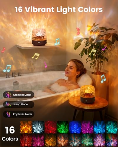 Waterproof Shower Lamp, 16 Colors Ocean Wave Effect Projector Light with Bluetooth Music Speaker for Bedroom Relaxing Shower