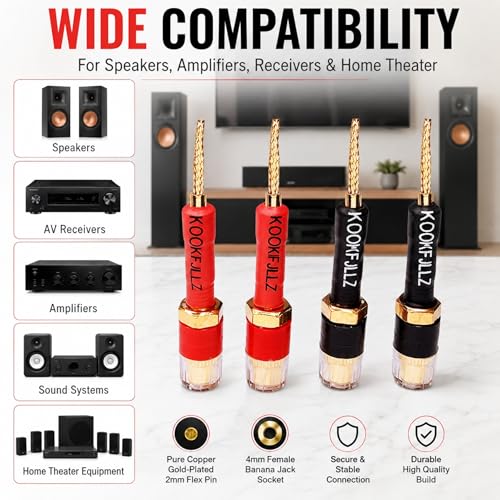 4mm Banana Plugs Speaker Wire Adapters 4 Pack - Pin to Female Banana Jack Gold Plated Connectors for Speaker Amplifier