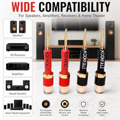 4mm Banana Plugs Speaker Wire Adapters 4 Pack - Pin to Female Banana Jack Gold Plated Connectors for Speaker Amplifier