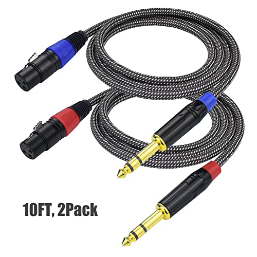 Balanced 1/4" TRS to XLR Female Microphone Cable, 10Feet 6.35mm Quarter Inch to 3pin XLR Female Stereo Interconnect Cable, Heavy Duty Nylon Braided, Gold Plated, for Mixer, Speaker -2Pack - size: 10Feet, 2Pack