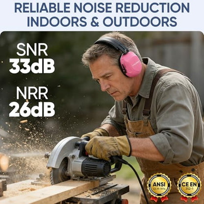 TICONN Noise Cancelling Ear Muffs for Adults, SNR 33dB Hearing Protection, Adjustable Safety Earmuffs for Construction - color: Soft Pink
