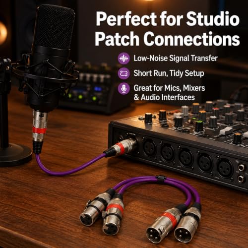 XLR Cable 1ft 2-Pack, Male to Female 3-Pin Balanced Patch Cable, OFC Triple-Shielded Zinc Alloy Mic Cord for Studio, for Shure, for Audio-Technica