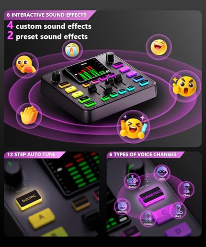 PUPGSIS Gaming Audio Mixer, Audio Interface for pc,1/4" TRS Dynamic Mic interface,Sound Board With voice changer, Pro-Preamp, Noise Cancellation, RGB, Bluetooth For Streaming/Podcasting/Gaming - color: Black
