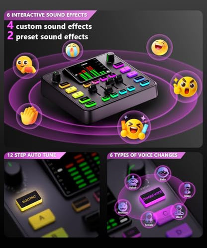 PUPGSIS Gaming Audio Mixer, Audio Interface for pc,1/4" TRS Dynamic Mic interface,Sound Board With voice changer, Pro-Preamp, Noise Cancellation, RGB, Bluetooth For Streaming/Podcasting/Gaming - color: Black