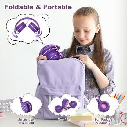 Kids Headphones for School with Microphone, 93dB Volume Limited, PinkPurple | Wired On Ear Headphones for Girls Boys, Foldable Lightweight Headphone for Classroom Learning & Entertainment Travel Computer - color: Pink Purple