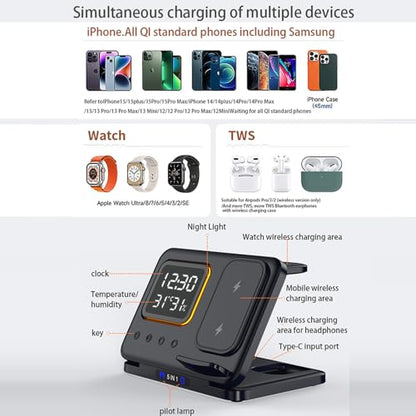 IHAO 5in1 Multi Functional Wireless Charging Station Digital Clock 15W Fast Charging Temperature Display Wireless Charger for All Qi Phone and TWS Headphone Compliant with Apple Watch-DH15 White - color: 5IN1 Wireless Charger Alarm Clock DH15 White