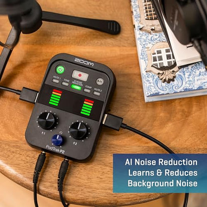 Zoom PodTrak P2 Podcast Recorder with 2 USB Mic Inputs & AI Noise Reduction | 2 USB Mic Inputs, 2 Headphone Outputs, Tone and Comp Effects, SD Card, Battery Powered