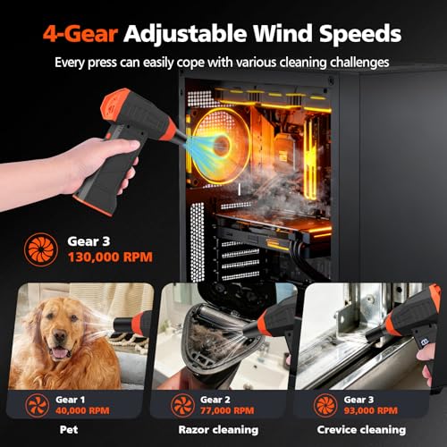 15-in-1 Electric Compressed Air Duster, 110000RPM Cordless Portable Air Blower Mini Powerful Jet Dry Blower 4 Adjustable Speeds Levels Rechargeable for Keyboard, PC, Car, Camera