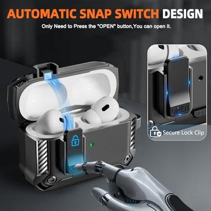 for AirPods Pro 1st/2nd Case with Lock & Phone Stand(Black) | Automatic Snap Switch Lock,Carbon Fiber Texture Design Cover with Cleaner Kit - color: BB-black