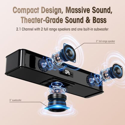 BESTISAN 2.1ch Sound Bar with Built-in Subwoofer, 120W Peak Power, HDMI ARC/Opt/AUX/USB/Bluetooth 5.3, 3 EQ Modes & Volume Boost, 16.5" All-in-One for TV/PC/Gaming/Projector - size: 16.5 inch