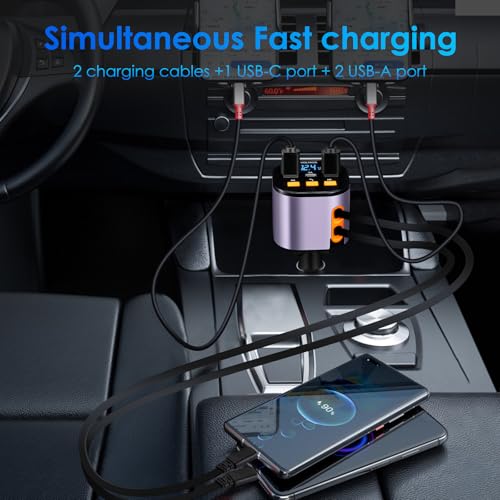 Retractable Car Charger,5 in 1 Fast Cars Phone Charger 90W,Bluetooth 5.3 FM Transmitter Adapter,Handsfree Call,2 Retractable Cables and USB Chargers for iPhone17/ 16/15/14/13/Samsung - color: Purplr