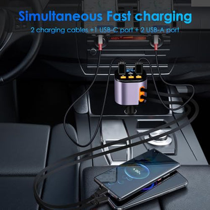 Retractable Car Charger,5 in 1 Fast Cars Phone Charger 90W,Bluetooth 5.3 FM Transmitter Adapter,Handsfree Call,2 Retractable Cables and USB Chargers for iPhone17/ 16/15/14/13/Samsung - color: Purplr