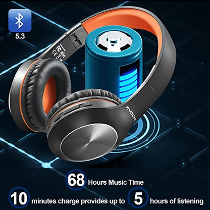 Rydohi Bluetooth Headphones Over Ear, 68H Playtime and 3 EQ Music Modes Wireless Headphones with Microphone/Deep Bass, HiFi Stereo Foldable Lightweight Headset for PC Home Travel Office - color: Black Orange