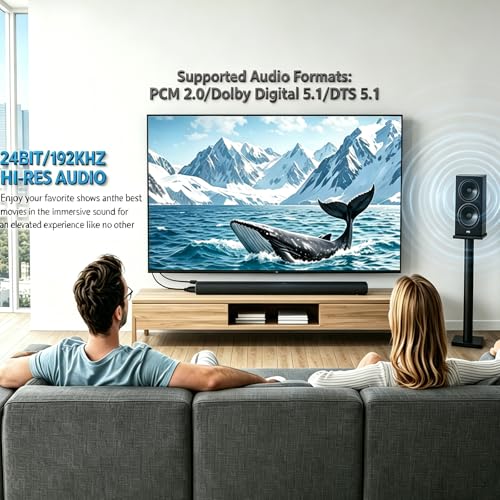 eSynic 192KHZ eARC to Optical Converter-5 ft Long Compact Cable Designed | USB Powered-Dolby5.1/DTS 5.1/PCM 2.0 Formats-For HDTV ARC & eARC Port to Optical Soundbar-Make Sure CEC is Enabled on your TV - size: 5 ft Cable Long