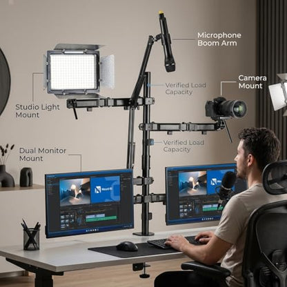 Mount-It! All in One Live Streaming Equipment - 5 Arm Desk Mount - Holds Dual Monitors, Cameras, Ring Light with Mic Desktop Stand Set, YouTube Setup for Podcasting, Gaming, Zoom, Clamp/Grommet Base - size: 5 arm