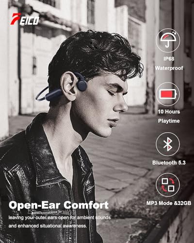 FEICO Bone Conduction Headphones with Built-in MP3 – 32GB Sports Headset, IP68 Waterproof, Bluetooth 5.3 Open-Ear Earphones for Swimming, Running, Cycling & Driving, Mic Included - color: BLUE