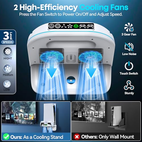 P S5 Wall Mount Kit with Cooling Fan and Charging Station Compatible with PS5/ Slim/ Pro Disc and Digital, PS Five Floating Shelf with 9 RGB Lights, PS 5 Mount Behind TV, P5 Accessories for Gaming, White - color: White