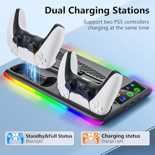 BRHE PS5/Slim/Pro Cooling & Charging Station with Cooling Fan,PS5/Slim/Pro Stand for Disc & Digital Console,PS5 Controller Charger,PS5 Accessories with 3 Charging Ports,Headset Holder - color: Black