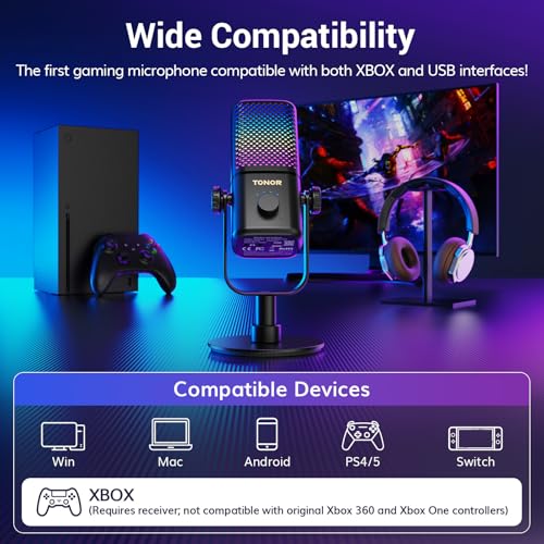 TONOR Gaming Microphone Compatible with Xbox, RGB Condenser Streaming Mic, Low Noise, Gain Control, One Tap Mute, Compatible with Capture Card, 200 cm/78inch Cable, Desktop Stand, Black, TCX3 Flow - color: Black, style: Microphone with Wireless Receiver