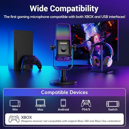 TONOR Gaming Microphone Compatible with Xbox, RGB Condenser Streaming Mic, Low Noise, Gain Control, One Tap Mute, Compatible with Capture Card, 200 cm/78inch Cable, Desktop Stand, Black, TCX3 Flow - color: Black, style: Microphone with Wireless Receiver