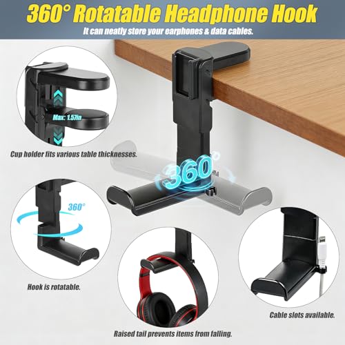 Desk Cup Holder Clamp, Clip On Drink Holder with Rotating Headphone Hanger | 4 in 1 Anti-Spill Desktop Organizer Pen Holder for Mug, Pen, Phone, Gaming Office Desk Accessories - color: Detachable Desk Cup Holder