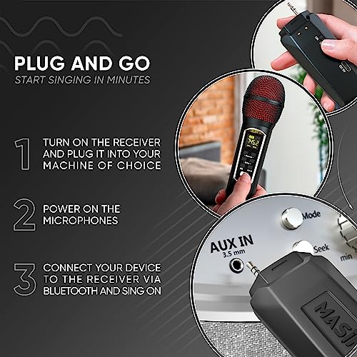 MASINGO 2 Wireless Karaoke Microphones, Integrated Bluetooth Receiver - Connects Mics and Smartphone to Any Speaker with AUX/Mic Input - Includes Singer Vocal Removal Mode + Charging Base - A12