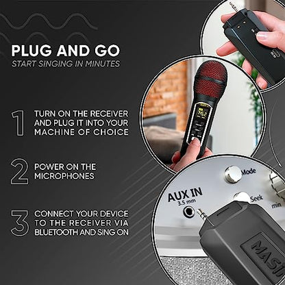 MASINGO 2 Wireless Karaoke Microphones, Integrated Bluetooth Receiver - Connects Mics and Smartphone to Any Speaker with AUX/Mic Input - Includes Singer Vocal Removal Mode + Charging Base - A12