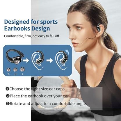 Wireless Earbuds, 2026 Bluetooth 5.4 Headphones Sport, 60Hrs HiFi Stereo Deep Bass Over-Ear buds with ENC Noise Cancelling Mic, IP7 Waterproof & LED Display Earphones with Earhooks for Workout/Running - color: SkyMark Black