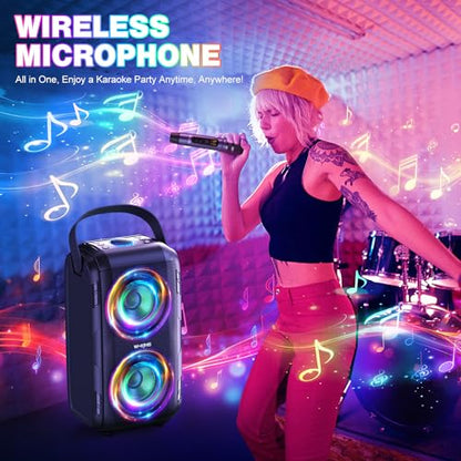 W-KING 80W Bluetooth Party Speaker with Wireless Microphone | Portable Loud Bluetooth Speaker-2 Full Range Drivers/Deep Bass, 105dB Sound, Adults/Kids with Lights/IPX5/U-Disk/TF/AUX - style: T9MIC