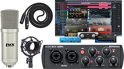 Presonus AudioBox 96 Audio USB 2.0 Recording Interface and Studio One Artist Software kit with Condenser Microphone Shockmount, and XLR Cable (Black)