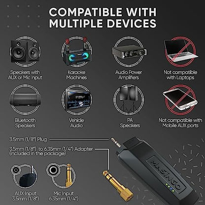 MASINGO 2 Wireless Karaoke Microphones, Integrated Bluetooth Receiver - Connects Mics and Smartphone to Any Speaker with AUX/Mic Input - Includes Singer Vocal Removal Mode + Charging Base - A12