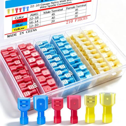 Twidec/210PCS Nylon Spade Connectors Kit 22-10 Gauge Male and Female Wire Spade Terminal Quick Disconnect Fully Insulated Wire Crimp Connector for Automotive Marine - color: 210PCS