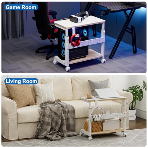 Height Adjustable Computer Tower Stand, 2-Tier ATX-Case CPU Holder with Mouse Pad & Headphone Stand, Mobile PC Standing Under Desk, Home Office Gaming Accessories, Computer Cart Wheels, Maple - color: Maple
