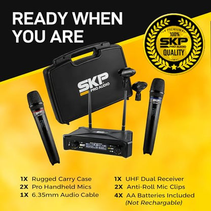 SKP Pro Audio UHF-300D Dual Wireless Microphone System – Handheld Wireless Microphones with LCD Display, 200ft Range, Clear Sound, Long Battery for Karaoke, Singing, Church & DJs