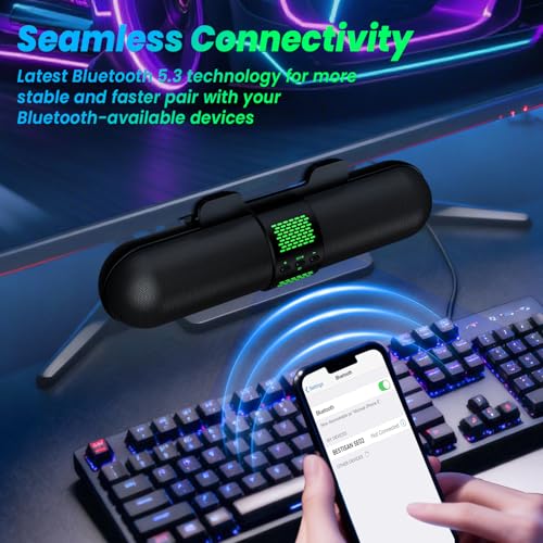 BESTISAN Computer Speaker, Bluetooth 5.3/Wired USB A/C Connection, 6 RGB Light Modes, Gaming Soundbar for PC/Laptop/Desktop, USB A/C Adapter, Easily Clamps to Monitor, Convenient Button Controls