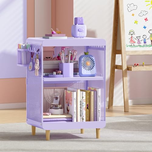 SYKIARIOL Kids Nightstand for Girls, 3-Tier Storage Shelf, Purple | Metal Bedside Table with 4 Hooks & Hanging Basket, Toddler Night Stand for Bedroom - color: Purple
