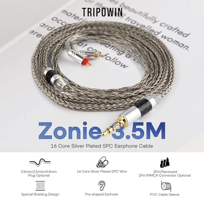 Linsoul Tripowin Zonie 16 Core SilverPlated IEM Cable, Recessed 2pin, 3.5mm - color: Grey