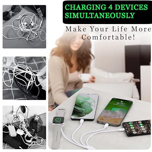 TOP-UP 4 in 1 Watch & Phone Charger Cable – Travel Essentials Multi Charging Cable for Apple Watch, iPhone, USB-C & Micro, Multi Device Charger Cord, 4FT