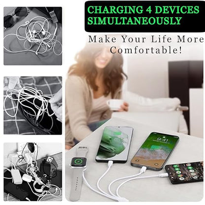 TOP-UP 4 in 1 Watch & Phone Charger Cable – Travel Essentials Multi Charging Cable for Apple Watch, iPhone, USB-C & Micro, Multi Device Charger Cord, 4FT